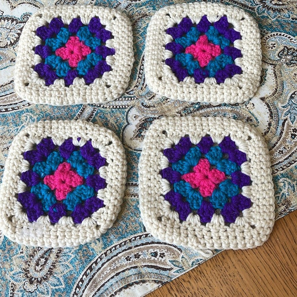 Vintage crocheted Handmade Granny Square Trivets 4ea
